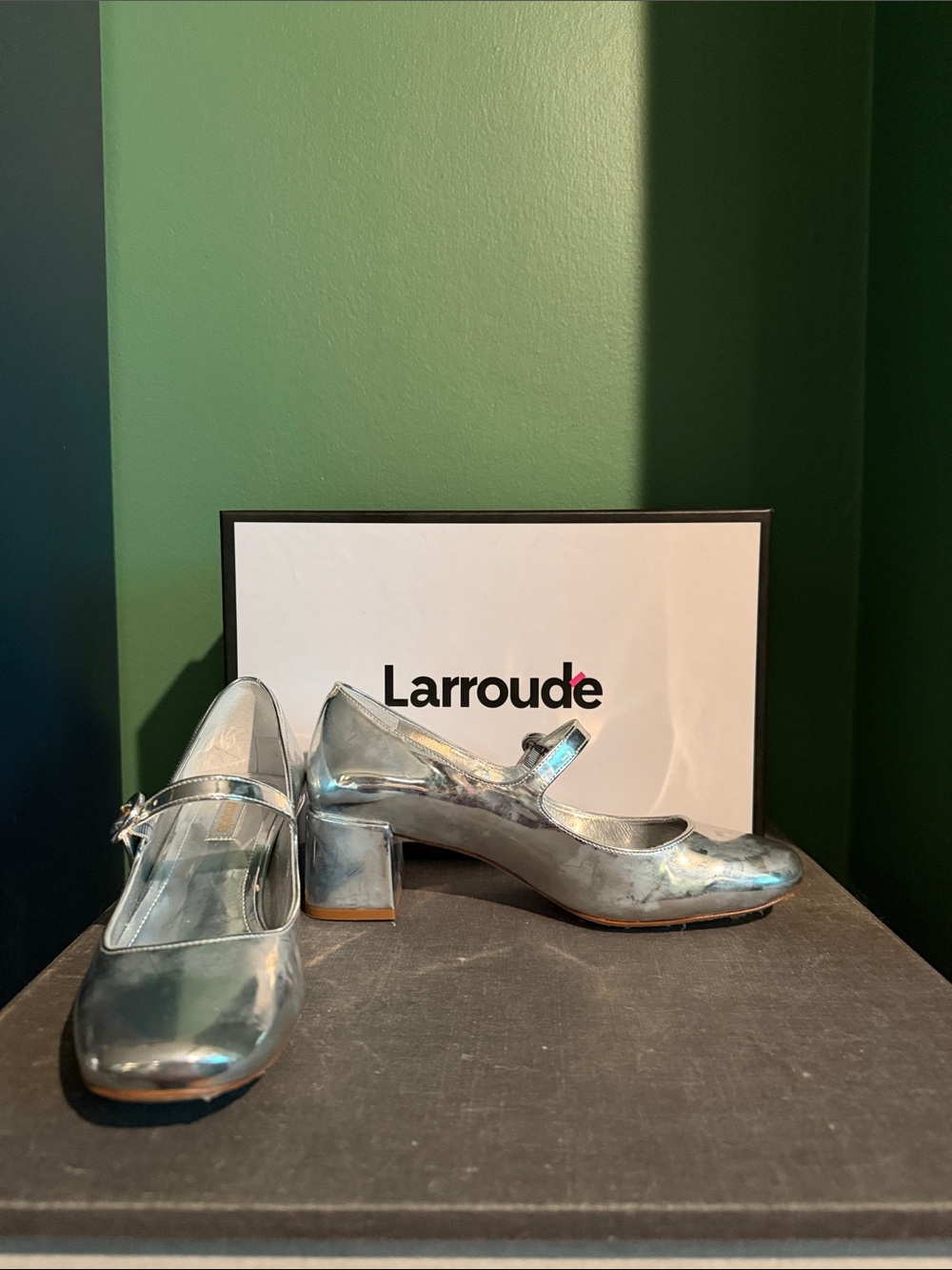 Larroude Metallic Silver Mary Jane Block Heels